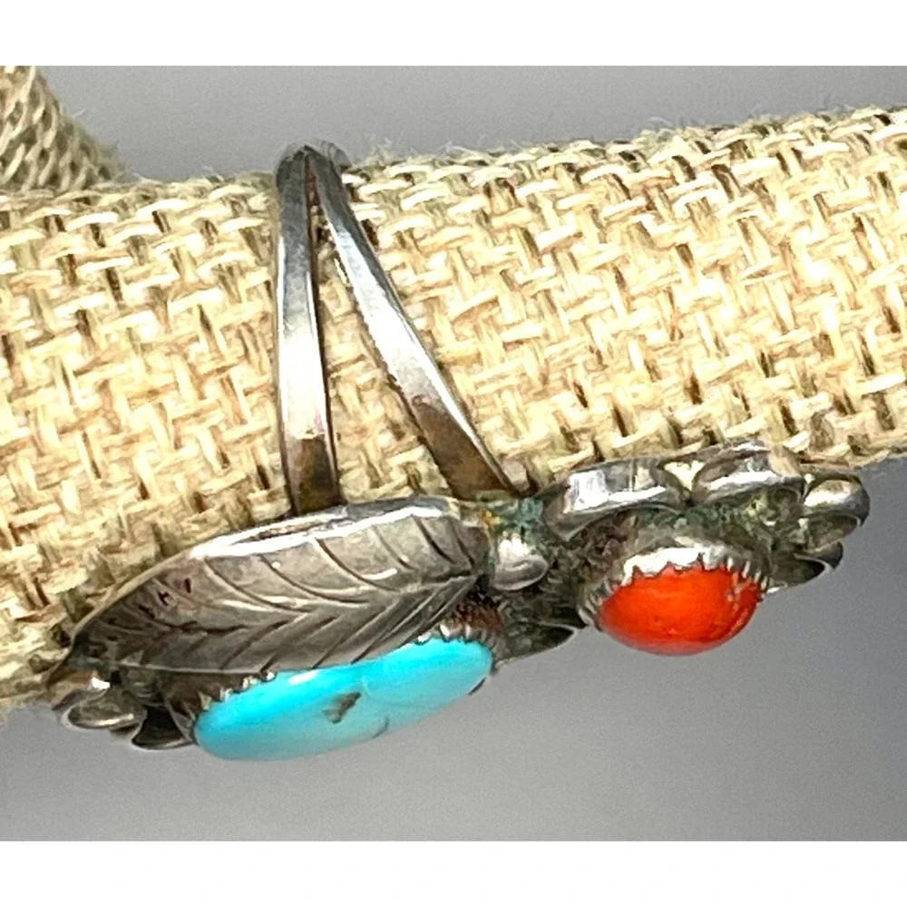 Navajo Sterling Silver Turquoise Coral Ring Handmade Split Shank Size 7.25